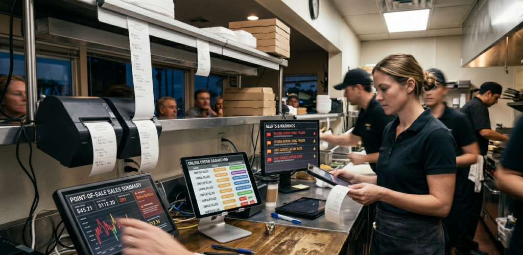Restaurant staff depending on multiple digital systems during service