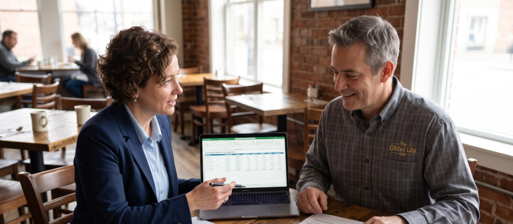 Restaurant owner getting quote and insurance guidance from an advisor