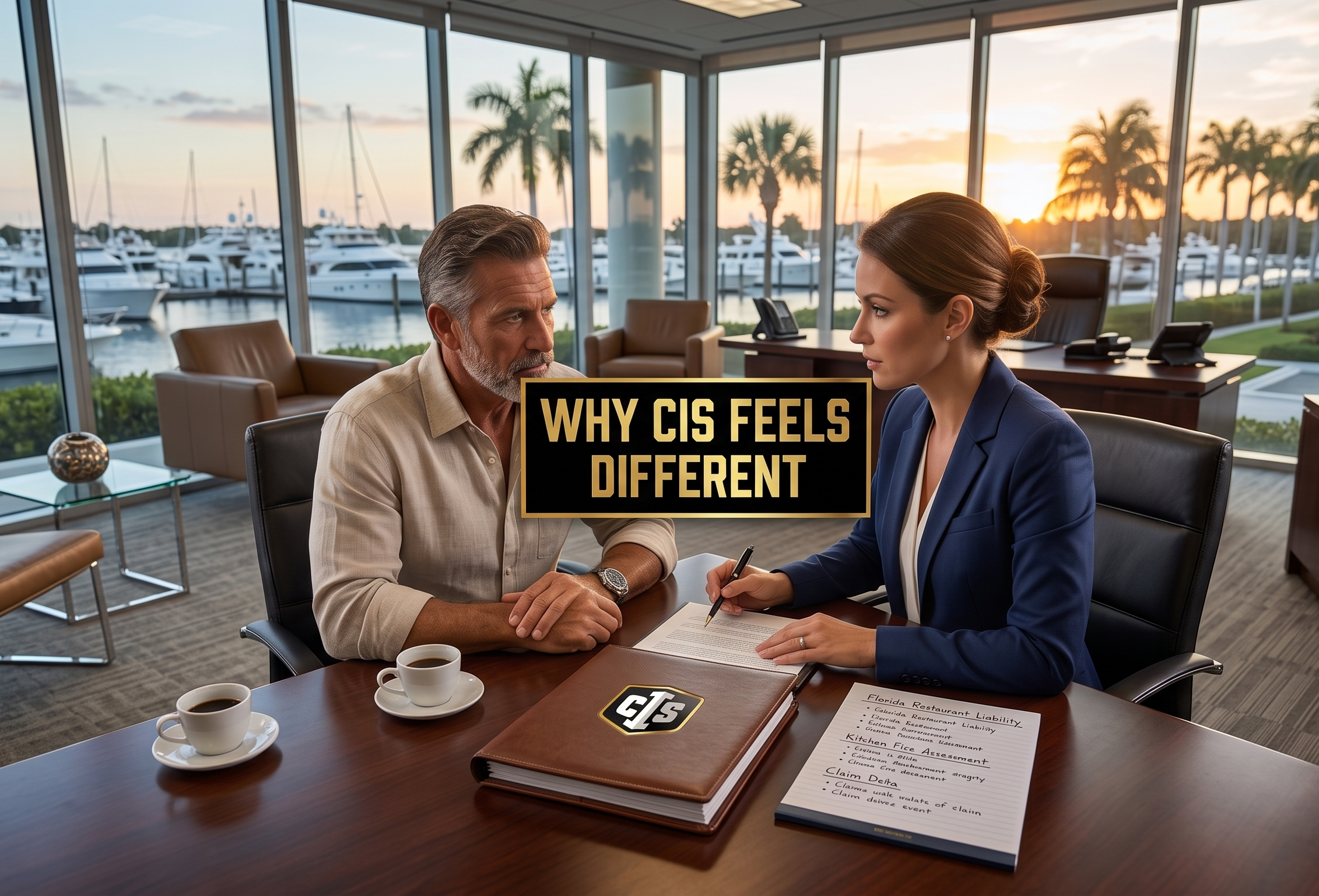Florida restaurant owner meeting with an insurance advisor and comparing agency options