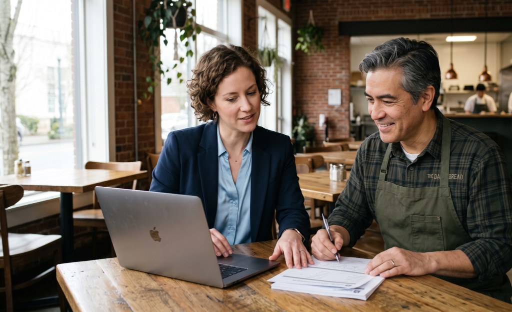 Restaurant owner getting insurance guidance and quote support from an advisor