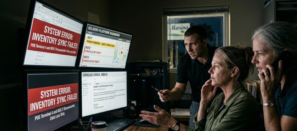 Restaurant owner dealing with a cyber or outage-related disruption