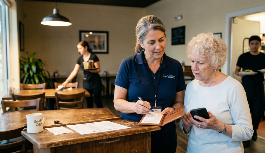 Restaurant manager explaining a mandatory charge to a customer