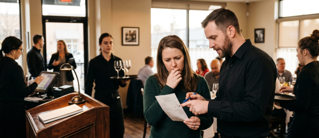 Restaurant manager explaining a mandatory charge to a customer
