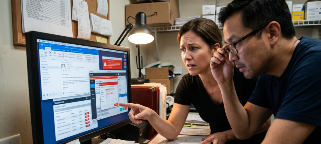Restaurant owner dealing with a cyber or system issue during operations