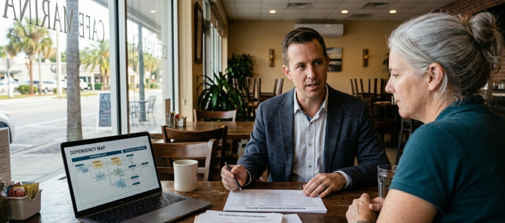 Restaurant owner reviewing cyber liability and continuity planning