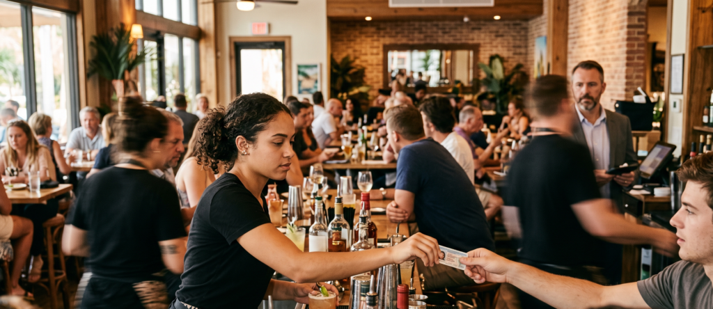 Bartender checking customer identification in a Florida restaurant bar