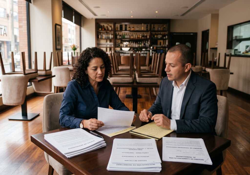 Restaurant owner reviewing liquor liability coverage with an insurance advisor