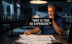 Florida restaurant owner reviewing insurance costs and quotes after hours