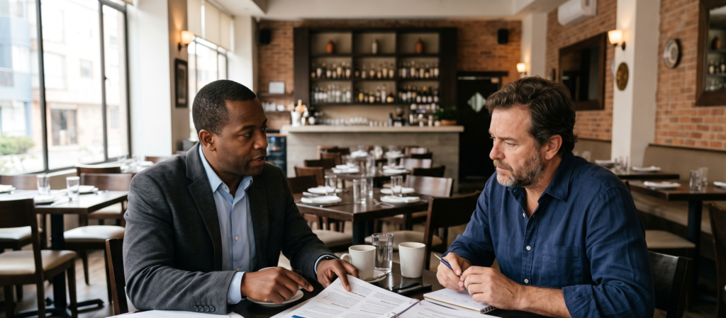 Restaurant owner discussing insurance structure with an advisor in Florida