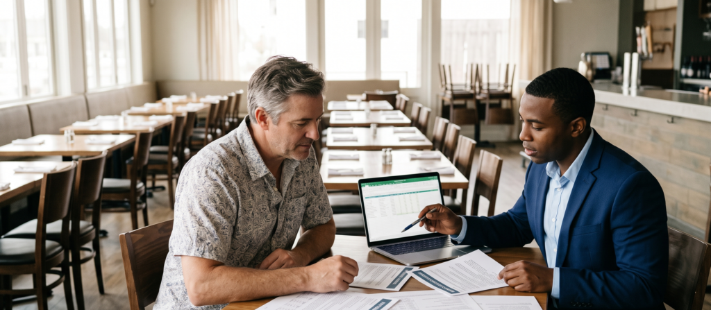 Restaurant owner reviewing pricing factors with an insurance advisor in Florida
