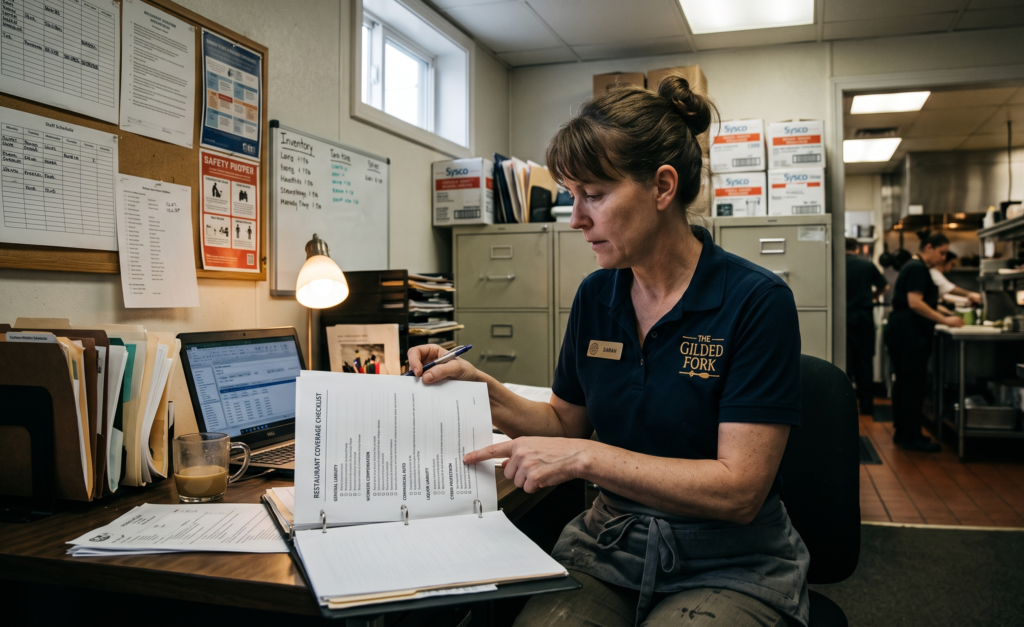 Restaurant manager reviewing a restaurant insurance checklist in Florida