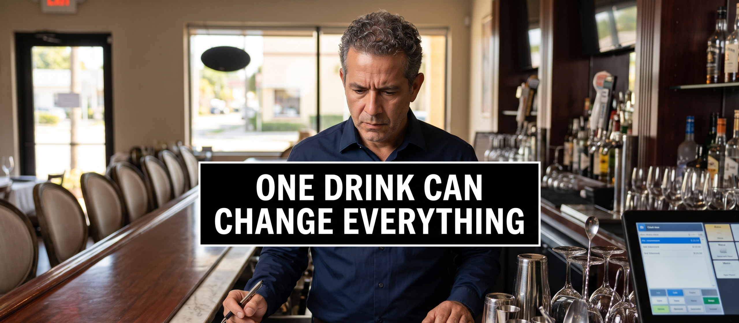 Florida restaurant owner reviewing liquor liability insurance documents at a bar