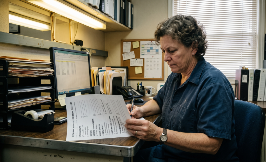 Restaurant manager reviewing insurance coverage categories