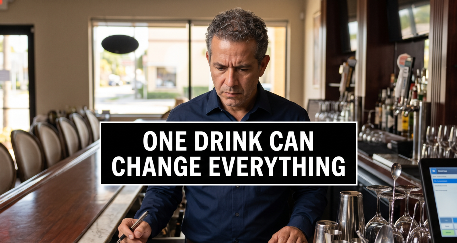 Florida restaurant owner reviewing liquor liability insurance documents at a bar