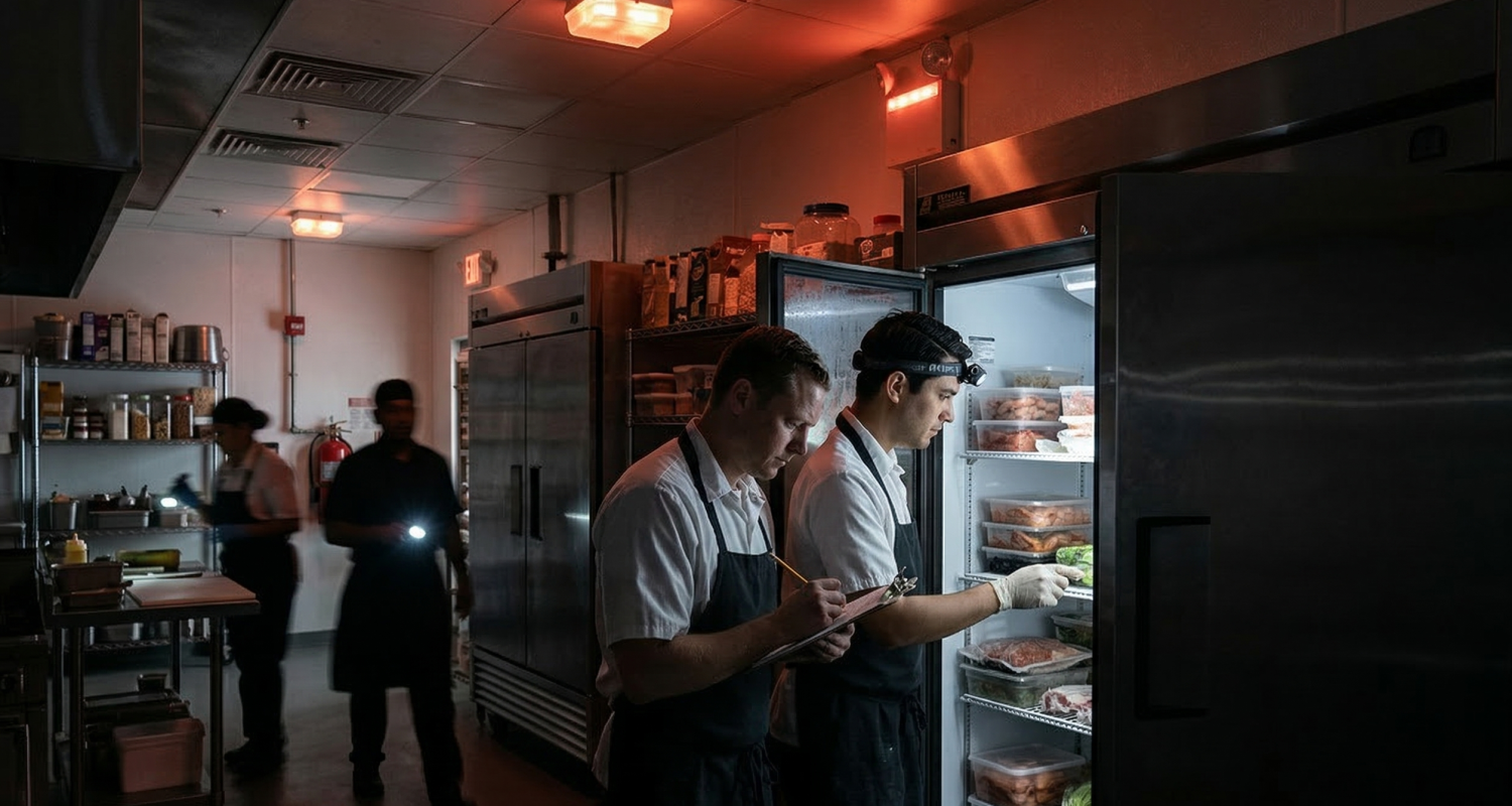 Restaurant staff checking food loss during a power outage