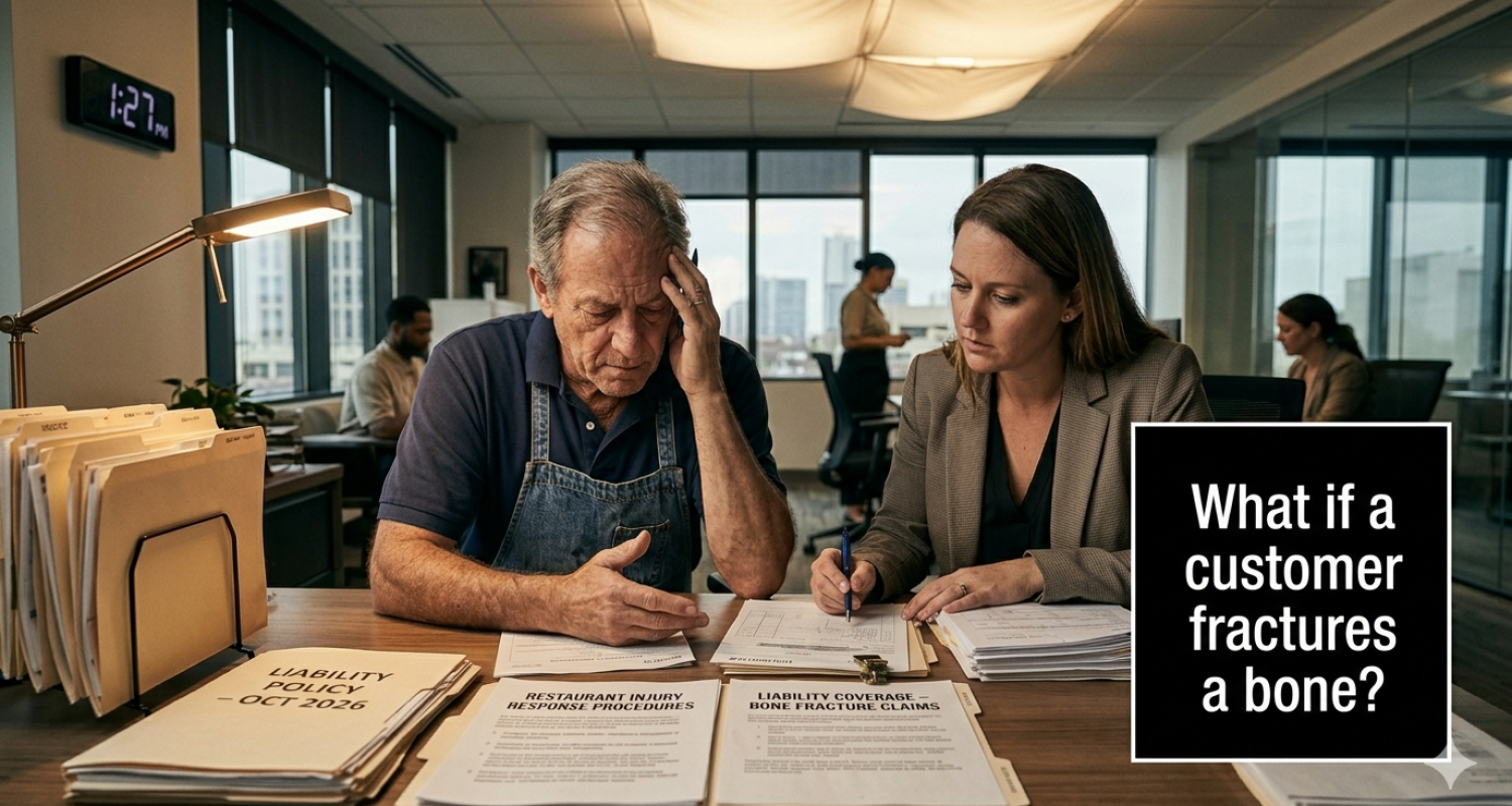 A realistic editorial-style image of a restaurant owner reviewing surveillance and paperwork after a customer fracture incident.